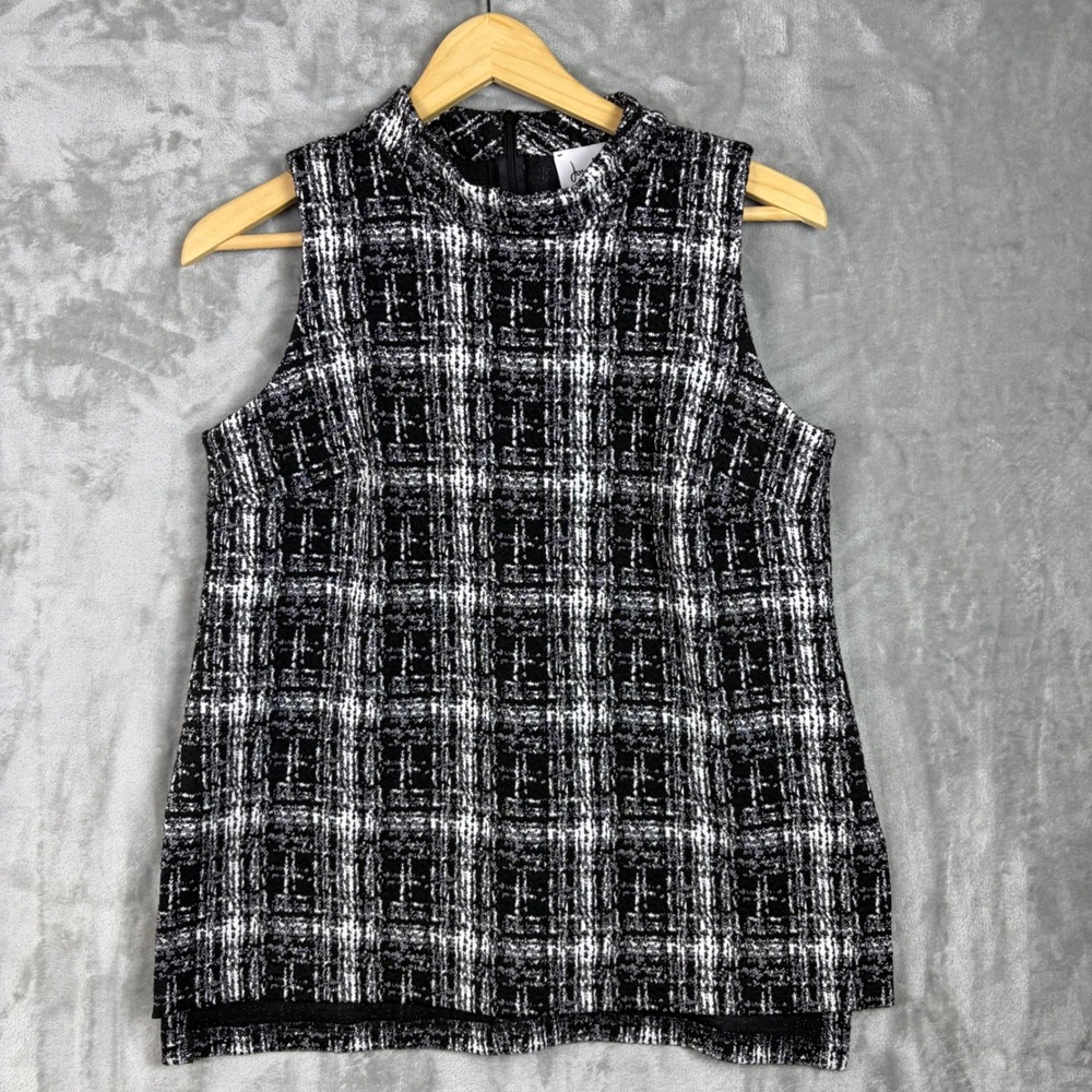 Joseph Ribkoff Sleeveless Mock Neck Plaid Top Sz 10 Career Professional Black